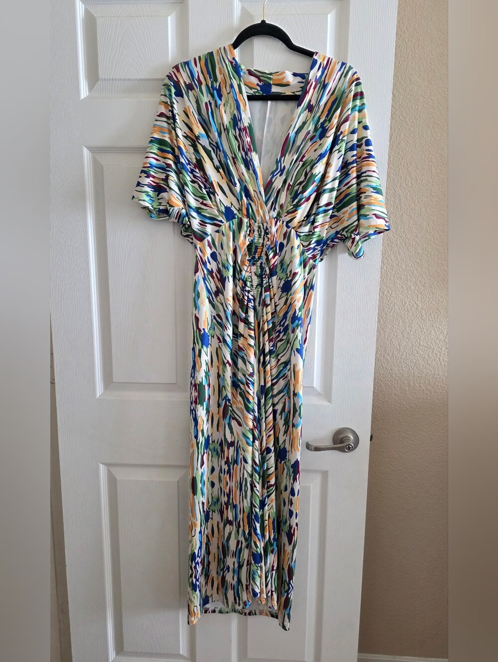 Multi-Color Abstract Print Maxi Dress - V-Neck, Pull-Waist